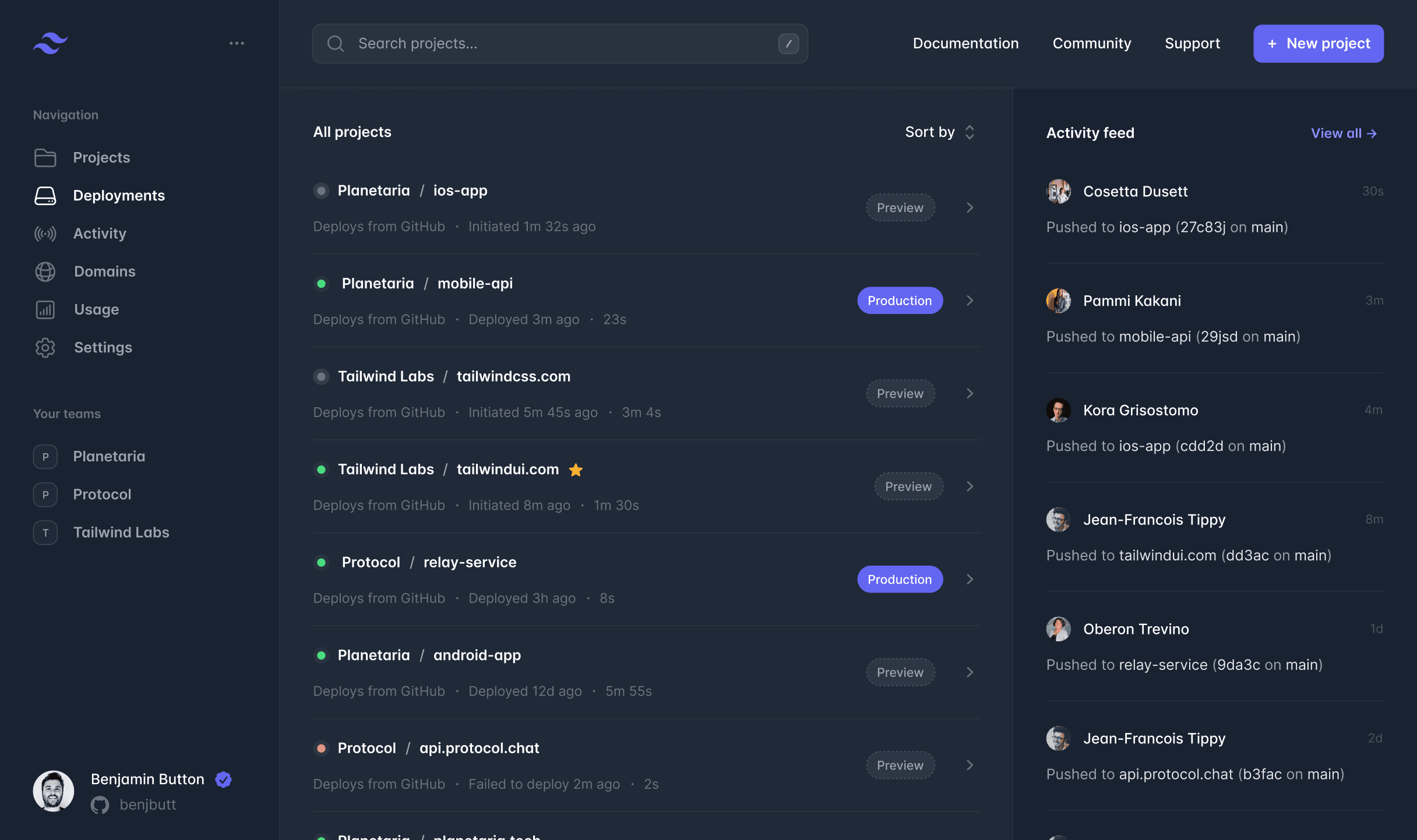 Dashboard interface showing project analytics and metrics